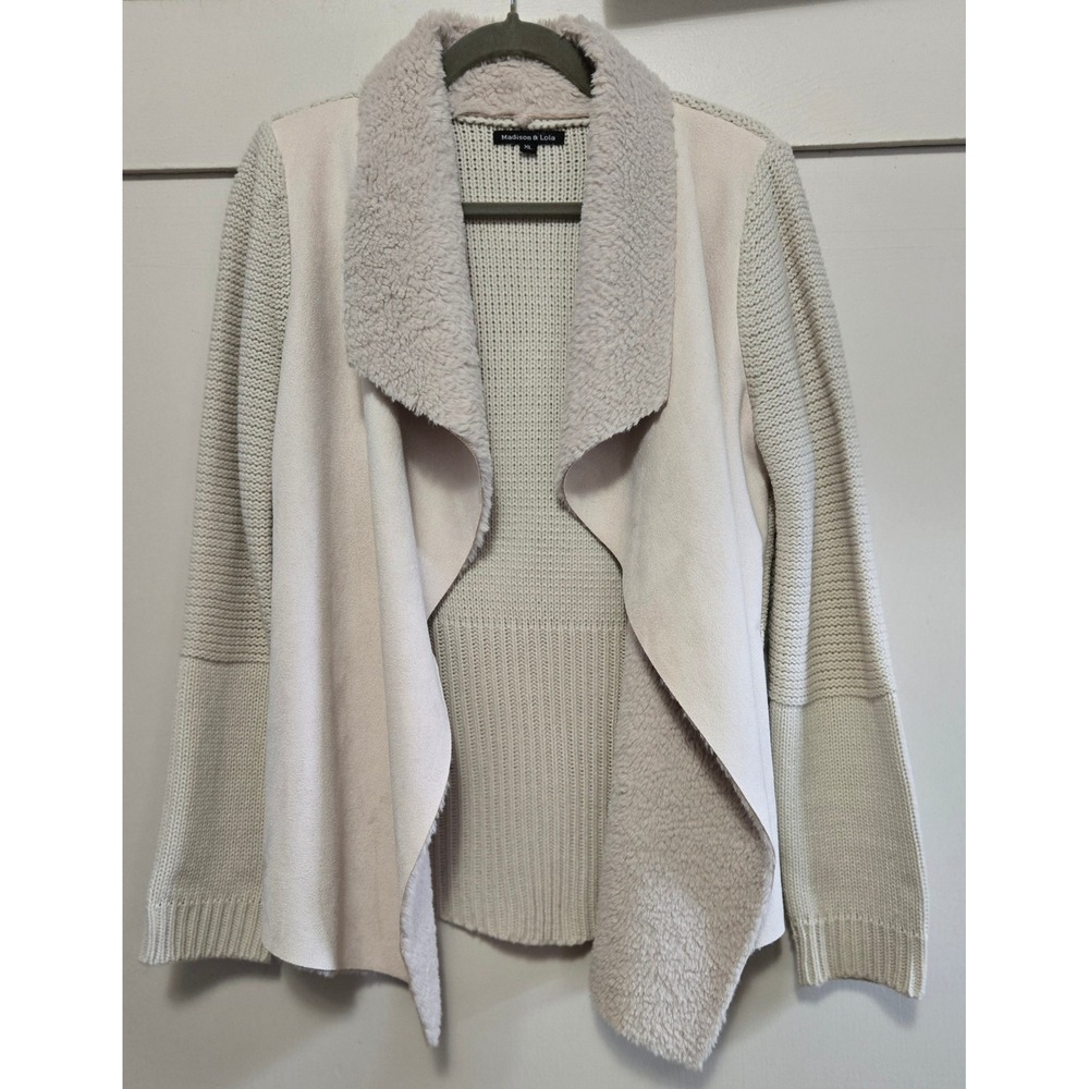 Madison & Lola Cozy Chic Cream Faux Suede Shearling Trim Knit Open Cardigan XL